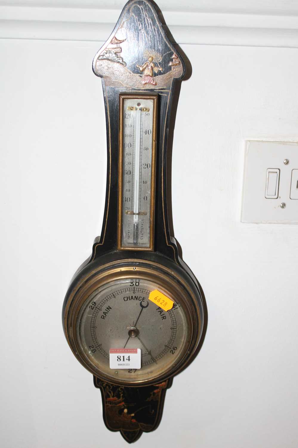 An early 20th century chinoiserie black lacquer wall barometer, height 47cm - Bild 3 aus 3