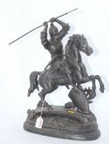 A reproduction cast iron figure of a soldier on horseback, shown carrying a spear, height 51cm