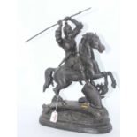 A reproduction cast iron figure of a soldier on horseback, shown carrying a spear, height 51cm