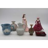 A collection of ceramics, to include a Coalport figure of Marie, Royal Doulton flambe glazed pin