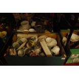 Two boxes of ceramics to include Devon motto ware, and a Sunderland ware part tea service