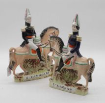 A pair of Victorian Staffordshire flat back figures on horseback, Lord Raglan and Sir George