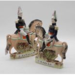 A pair of Victorian Staffordshire flat back figures on horseback, Lord Raglan and Sir George