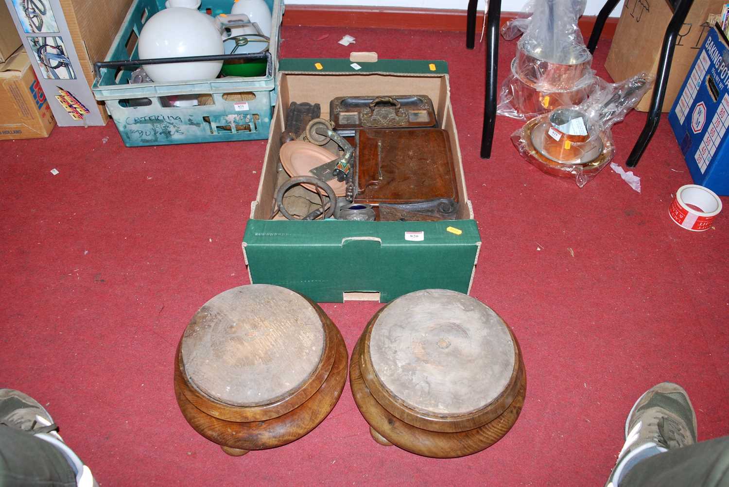 Mixed effects to include a pair of Victorian oak foot stools, a brass mounted desk stand, etc