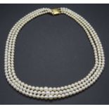 A cultured pearl triple string necklace on 9ct gold clasp, 42cm