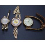 A lady's vintage 9ct gold cased wristwatch, on gilt metal bracelet; together with two other 9ct gold