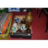 A box of mixed effects to include a large brass vase, jasper ware etc