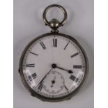 A gent's fine silver cased open faced pocket watch, having unsigned white enamel dial, keywind