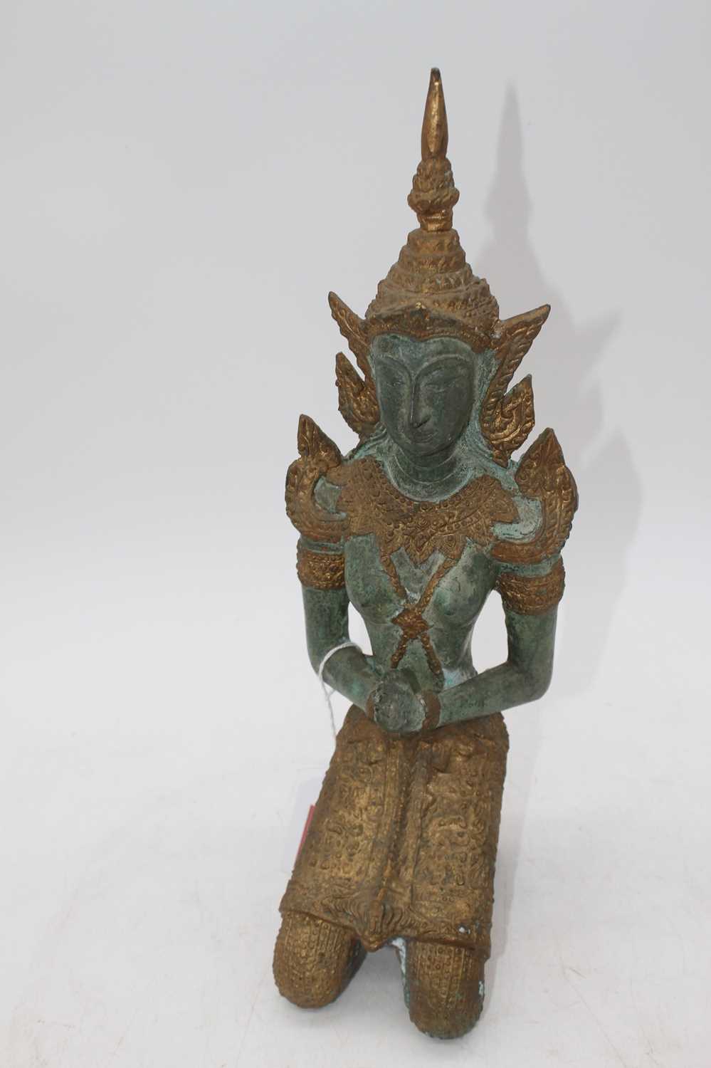 An eastern verdigris and gilt metal figure of a deity, shown kneeling, height 32cm; together with - Image 3 of 4