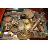 A collection of brass ware to include Victorian brass table candlesticks, and a pierced brass