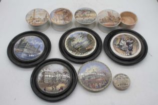 A collection of Victorian Prattware pot lids, largest dia. 12.5cmChixn Ham & Toothpase heavily