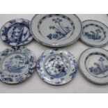 An 18th century Dutch Delft charger, dia. 34cm, together with five further 18th century Dutch