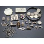 Assorted silver and white metal, to include horseshoe brooch, coin bracelet, bangle etc