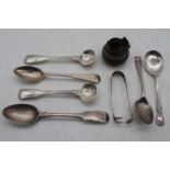 A small collection of loose silver flat wares to include a pair of Victorian mustard spoons in the