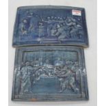 A near pair of 19th century blue glazed earthenware tiles, probably Dunmore, each decorated with