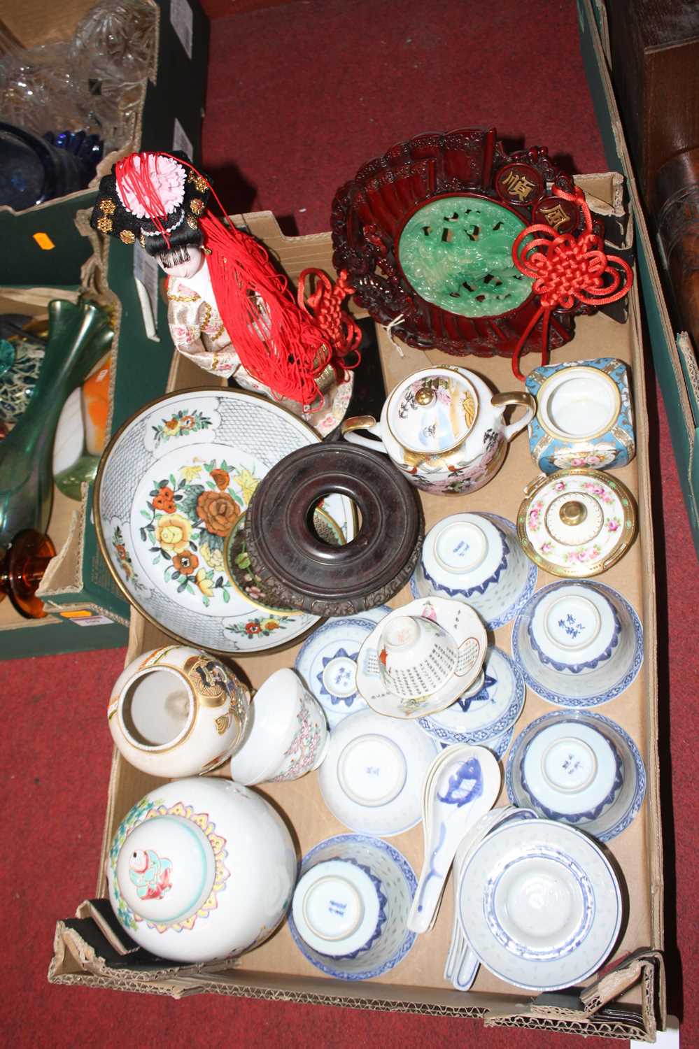 A collection of Asian items to include Chinese enamel decorated ginger jar and rice serving