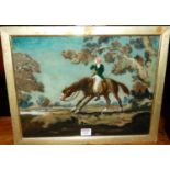 Late 19th century English school - Lone trainer on horseback, reverse painting on glass, 30 x 39cm
