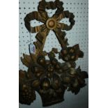 A 19th century French carved giltwood wall hanging basket of fruit, with upper ribboned bow, 60 x