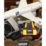 One box of mixed wooden aircraft modelling spare parts together with an electronic computer game,