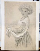 19th century English school - Half-length study of a girl gathering fruit, black and white chalks,