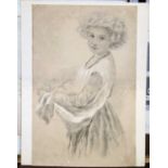 19th century English school - Half-length study of a girl gathering fruit, black and white chalks,