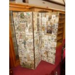A stained pine decoupage decorated three-fold dressing screen, each panel width 53cm
