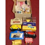 Two boxes of mixed diecast and action figures etc to include 1/43 scale commercial vehicles of