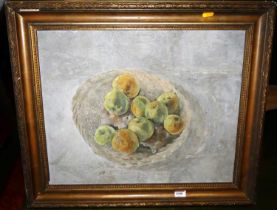 Mid-20th century school - Still life with apples, oil on mill board, signed with monogram JMK, 41