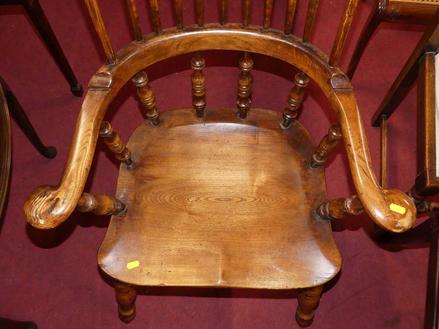 An elm, beech and fruit wood comb back Windsor chair, raised on turned supports to H-stretcher, - Image 3 of 5
