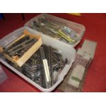 Two boxes of mixed 00 gauge railway, track, lineside accessories, rolling stock etc to include