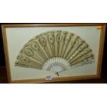A painted silk and faux ivory fan in glazed display case