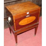 An early 19th century mahogany and satin wood inlaid hinge top cellarette, enclosing six division