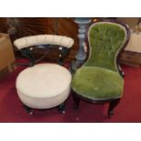 A Victorian ebonised and cream floral upholstered tub nursing chair, together with a further