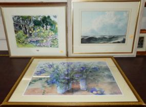 20th century school - Stormy seas, watercolour; Garden scene, watercolour and a framed print (3)