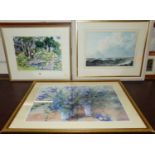 20th century school - Stormy seas, watercolour; Garden scene, watercolour and a framed print (3)