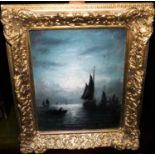 19th century English school - Boats on the calm at moonlight, oil on artists board, indistinctly