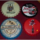 Three reproduction printed metal oversize bottle tops for Coca-Cola, Jack Daniels, and J&J Philips