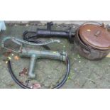 Two cast iron garden water pumps, together with two iron cauldrons and covers (4)