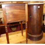 A Victorian flame mahogany white marble topped cylindrical single door bedside cupboard, together