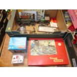 One box of mixed toys, train sets, and tinplate novelty models to include a Triang Railways Nellie