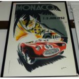 A reproduction advertising poster for the 1952 Monaco Grand Prix, in frame, 100 x 70cm