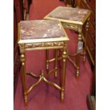 A pair of contemporary French gilt decorated and rouge marble inset square occasional tables, each