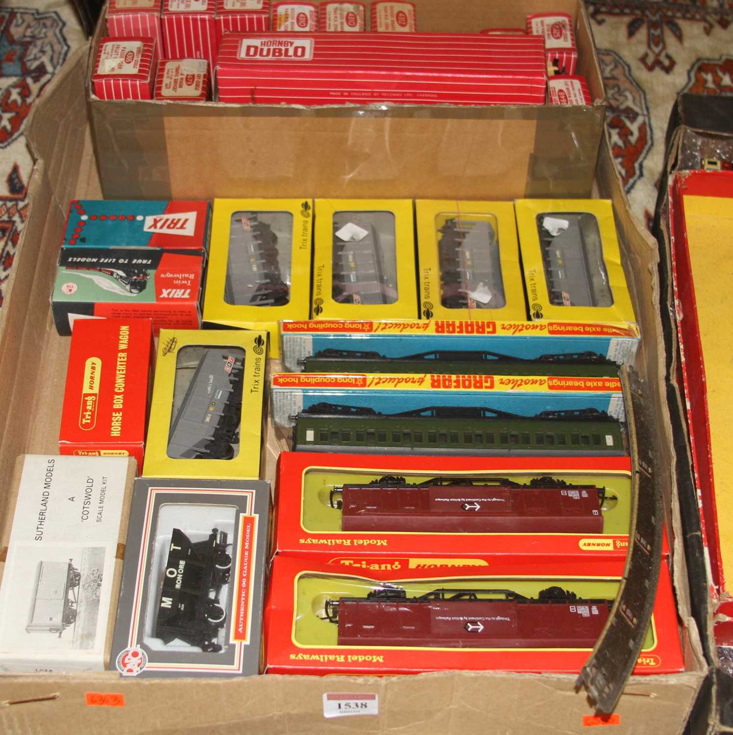 A box of mixed Hornby Dublo, Trix and Triang Hornby boxed rolling stock, to include a Dapol MOT iron