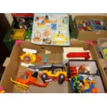 One box of Fisher Price toys to include Air Sea Rescue, a Fisher Price rescue fire engine