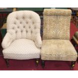 A late Victorian cream floral upholstered button back nursing chair, width 67cm, together with a