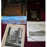 A box of assorted Victorian and later picture frames, monochrome engravings, prints etc