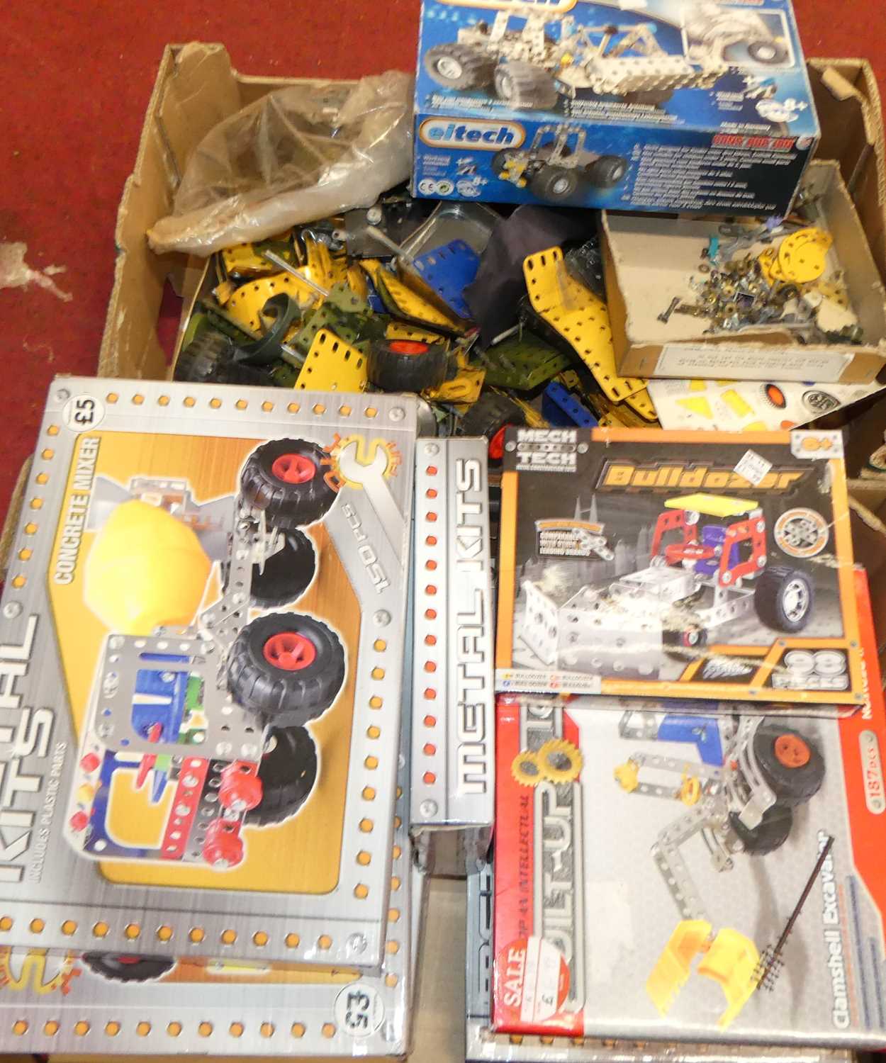 Two boxes of mixed Meccano and Meccano-style construction toys and gift sets