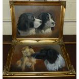 Late 20th century school - Pair of dog studies, oil on canvas board, each signed with monogram JS