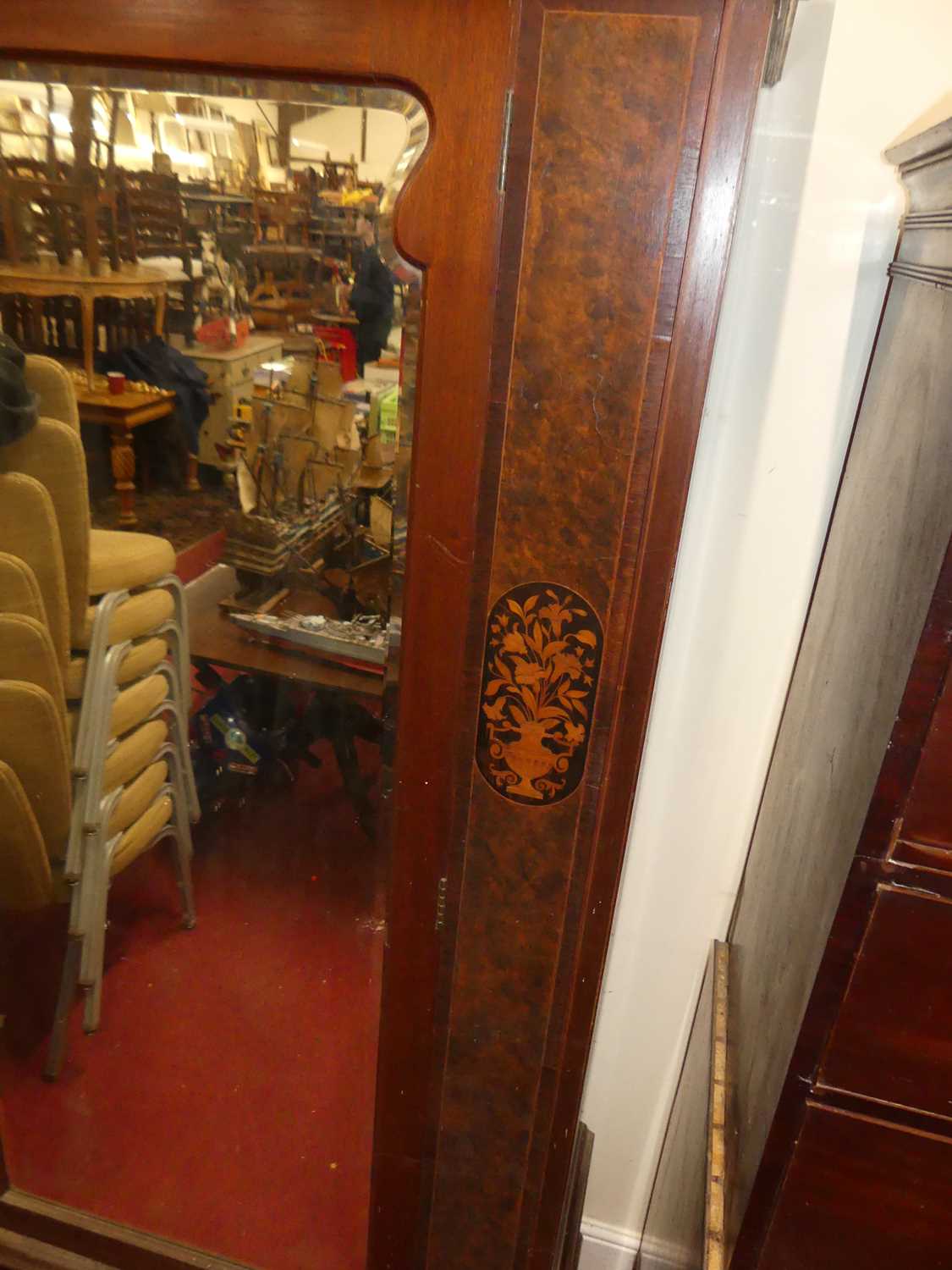 An Edwardian mahogany figured walnut and floral satinwood inlaid single mirror door wardrobe, with - Image 3 of 5