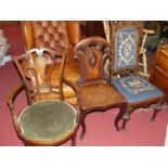 A late Victorian mahogany satin wood and floral ivory inlaid tub elbow chair, width 59cm, together